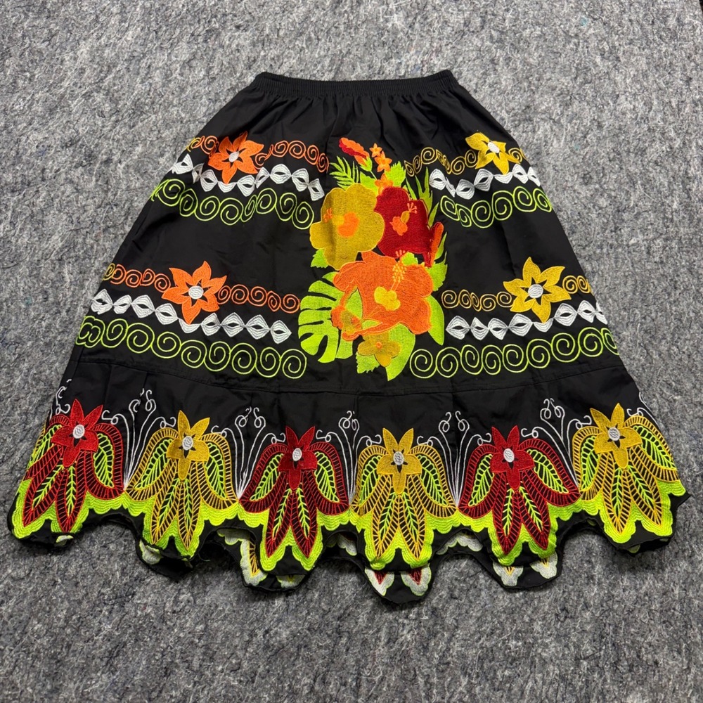 Tropical Floral Embroidered Scalloped Hem Midi Skirt Black Hibiscus Elastic Wais